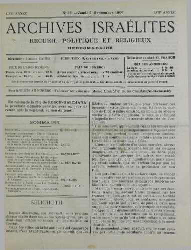 Archives israélites de France. Vol.57 N°36 (03 sept. 1896)